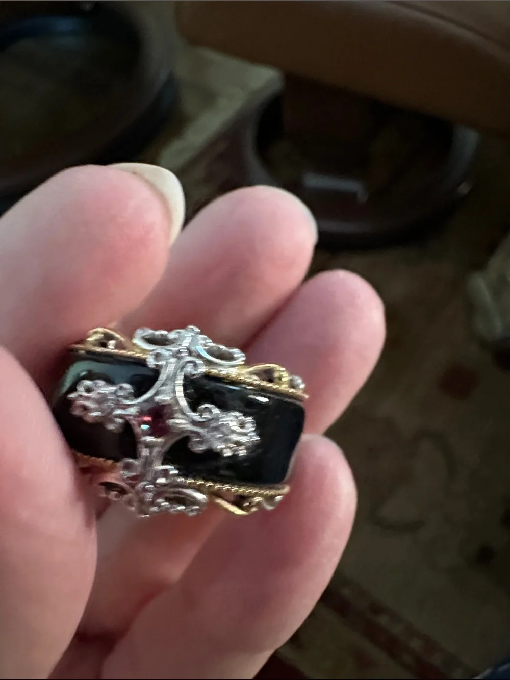 Black Onyx Band Ring with Gold-Tone Rope and Silver Cross Accents